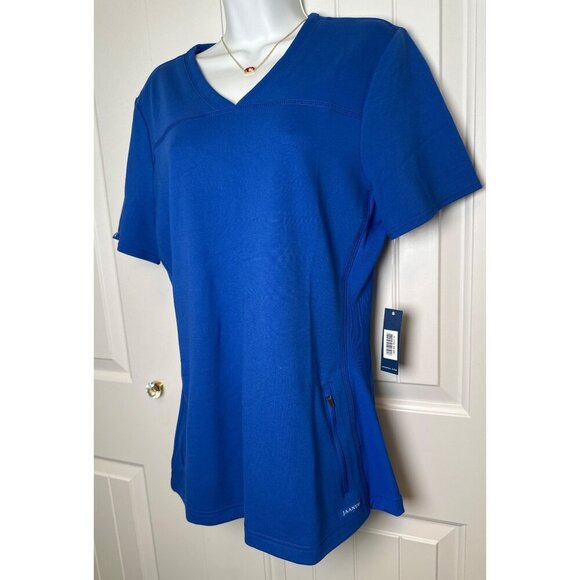 Jaanuu Fit & Flare Scrub Top, Navy Blue, V-Neck Short Sleeve, Size: M, NWT - Picture 2 of 9
